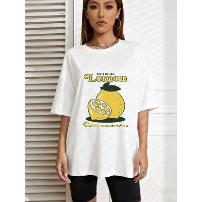Lemon Season Oversized T-Shirt Weiß Zitronen- und Scheiben-Print mit Text für Freizeitkleidung