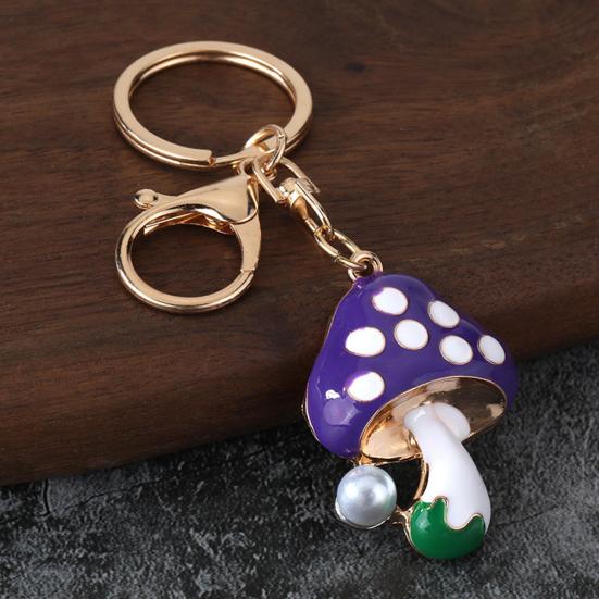 Zinc Alloy Keychain Pendant, Dripping Process Key Ring with Imitation Pearl Cartoon Mushroom Shape, Multiple Colors Bag Charm