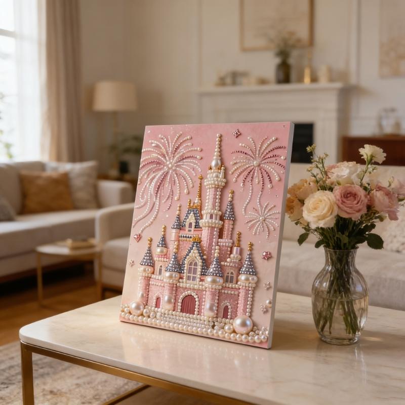 Pink Castles 3D Pearls Painting Set With Beads For Wall Art And Stress Relief