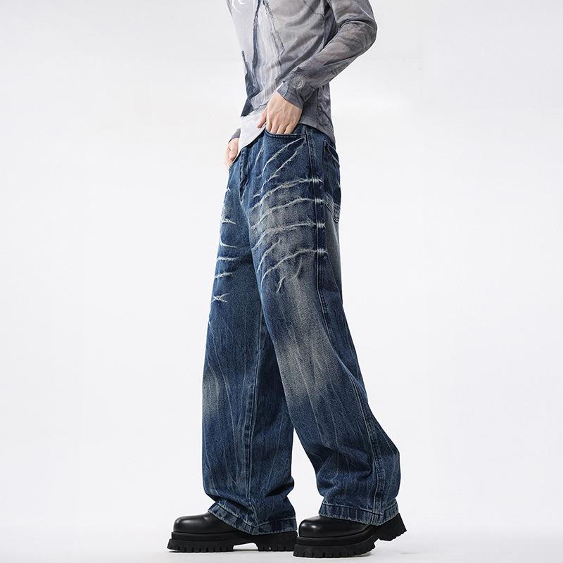 Retro Tie-dyeed Old Lightning Pattern Jeans Loose Wide-leg Floor Straight Pants