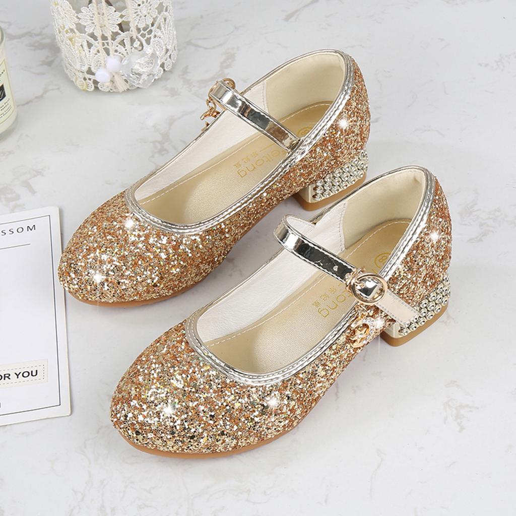 Girls Shoes Children High Heel Glitter Rhinestone Sandals Buckle Kids Princess Dance Shoe Student Performance Leather Shoes