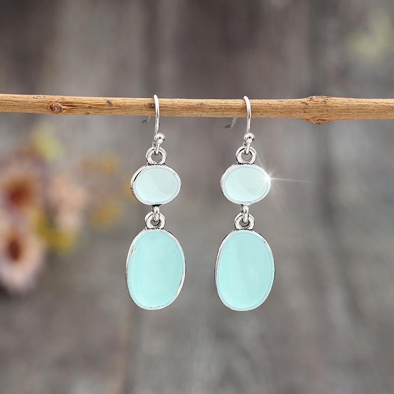 Винтажные серебристые металлические овальные серьги-подвески с узорами цвета сине-зеленого синего для женщин