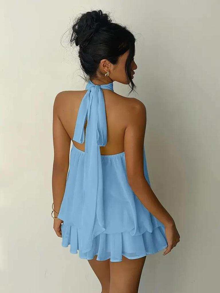 Cross-Border Women's Sexy Backless Halter Top & Fluffy Short Skirt Dress