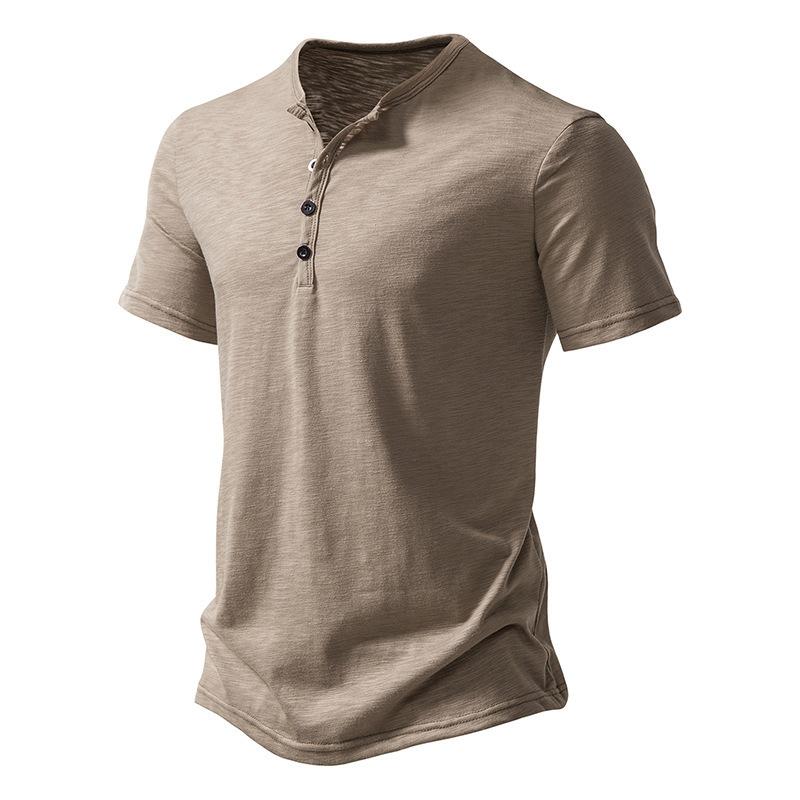 Mens Casual Solid Color Henley Collar Short Sleeve T Shirt