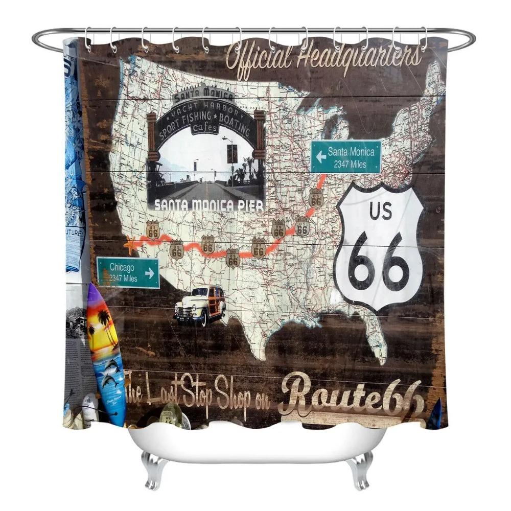 

Rustic Wood Board Route 66 Map Waterproof Fabric Shower Curtain Set Bathroom 90X180 cm