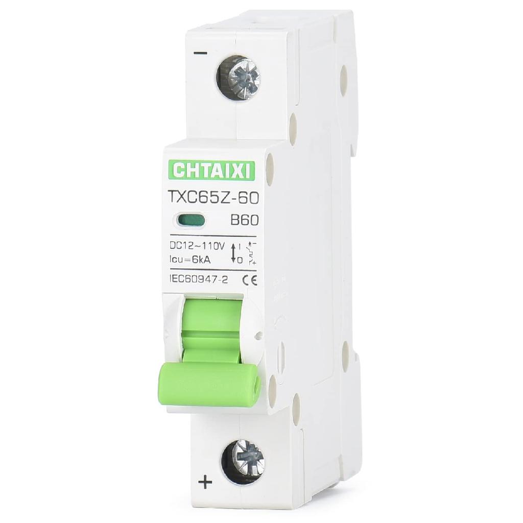 12V-110V DC Miniature Circuit Breaker, 60 Amp 1 Pole Battery Breaker Protector for Solar PV System and RV, Thermal Magnetic Trip, DIN-Rail/Surface