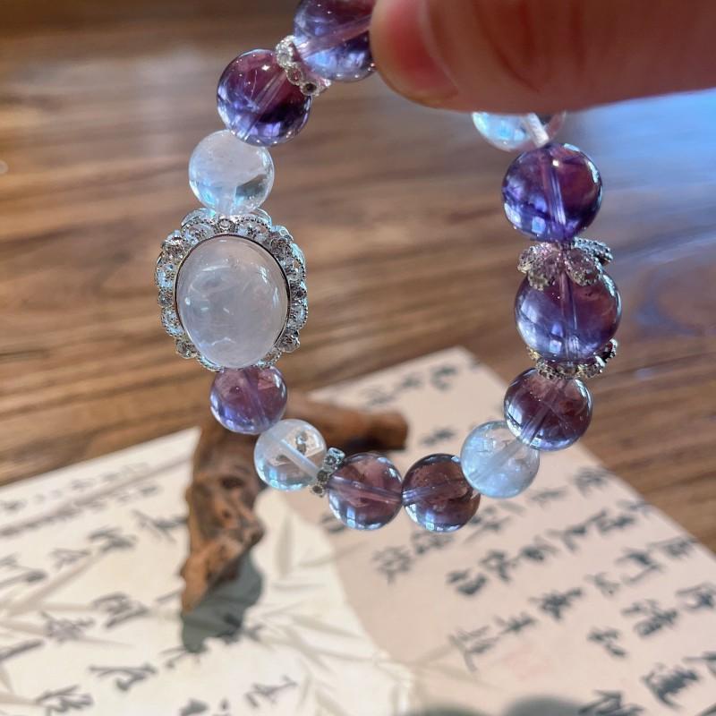 Natural Amethyst Bracelet With Large 11-12mm Clear Quartz Beads Pink Crystal Box Design Elegant Womens Gift Jewelry