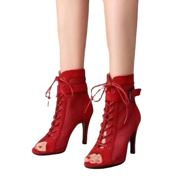 Large size European and American fashion new fish mouth hollow mesh cross lace-up buckle sexy high-heeled dance shoes women