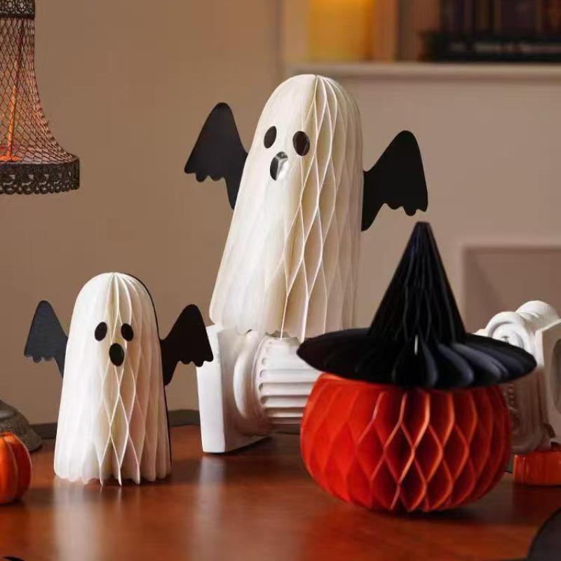 1PC Halloween Ghost Honeycomb Ball Decoration Paper Ghost Ornament with Wings Hanging & Tabletop Decor Party Atmosphere Supplies