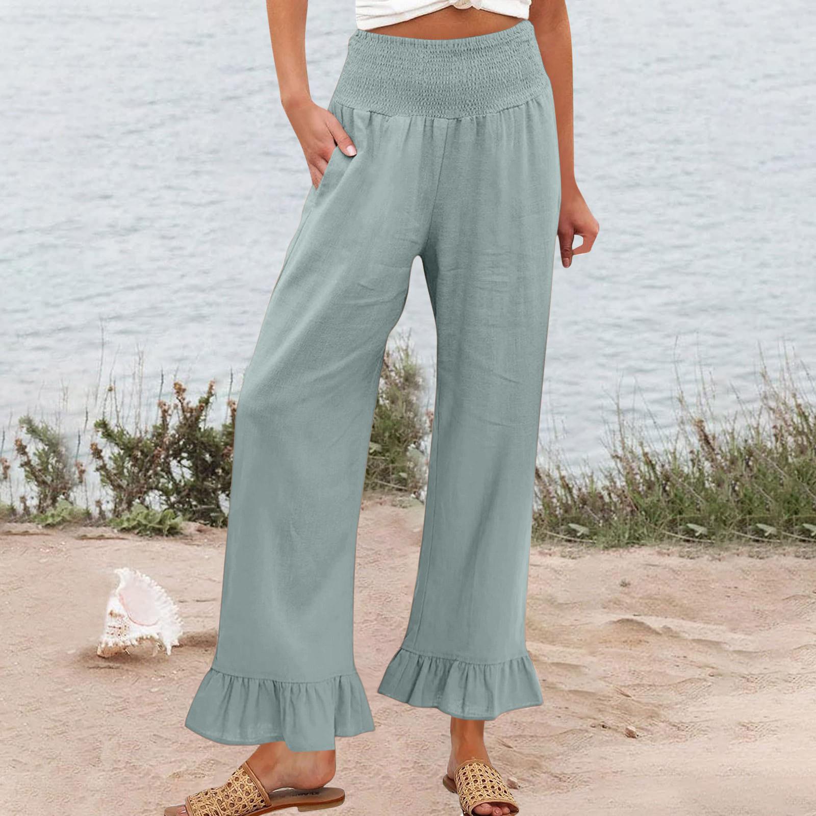 

Women s Elastic Belt Pocket Linen Pants Pleated Paper Bag High Waist Ruffled Hem Wide Leg Trousers XL светло-серый