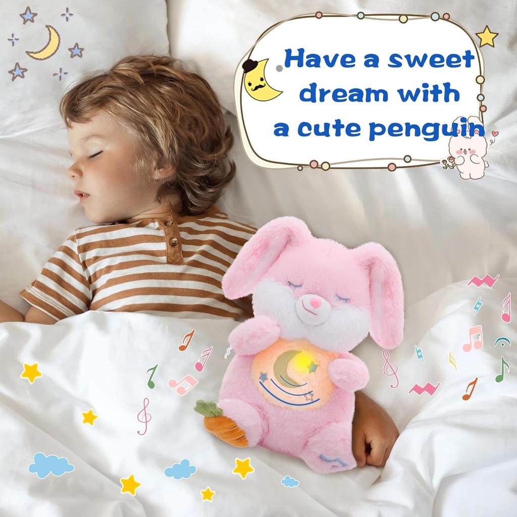 MIAODAM Breathing Stuffed Animal Bunny Plush with Realistic Breathing Action and Lighted Music Perfect for Babies and Kids