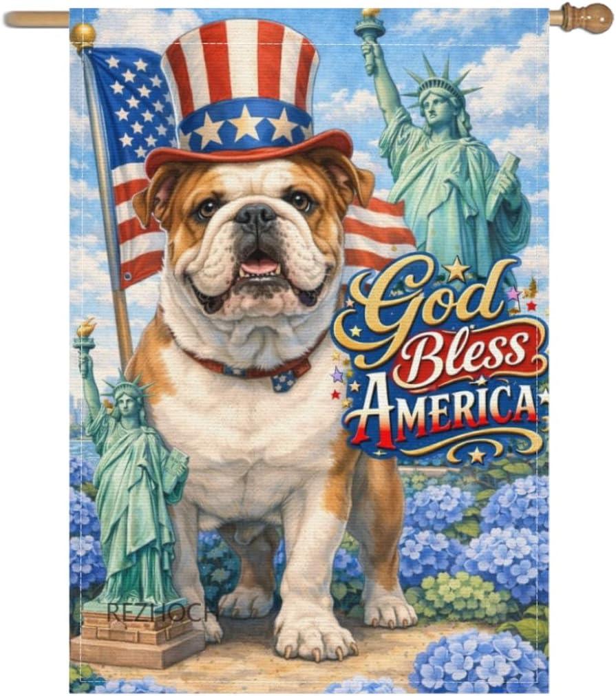 Funny Bulldog God Bless America Garden ag 28x40inch,Patriotic Dog USA ags,4th of July Home Outdoor Decor,Outside oral AAS