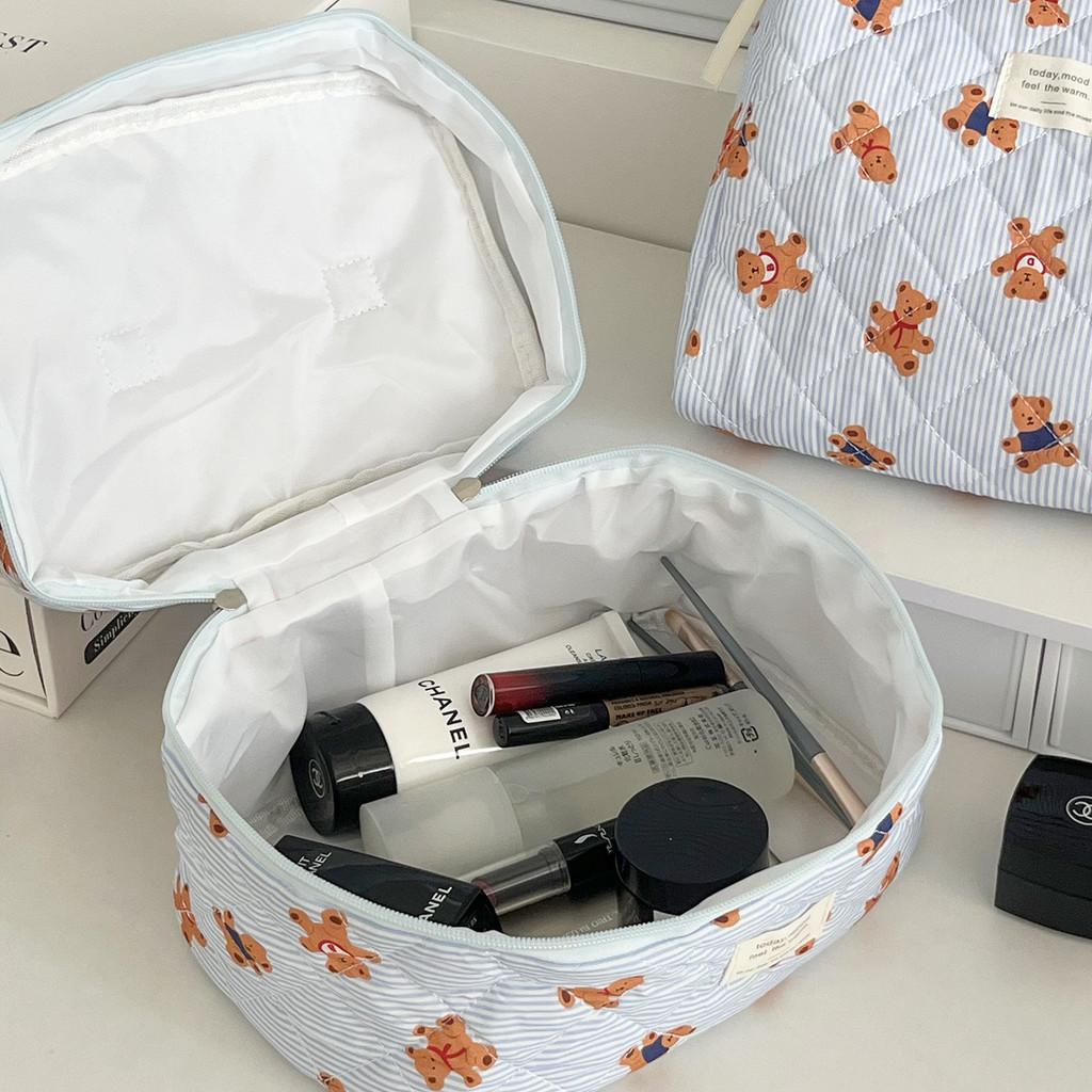 Blue Striped Bear Cosmetic Bag With Quilted Storage For Daily Use And Travel