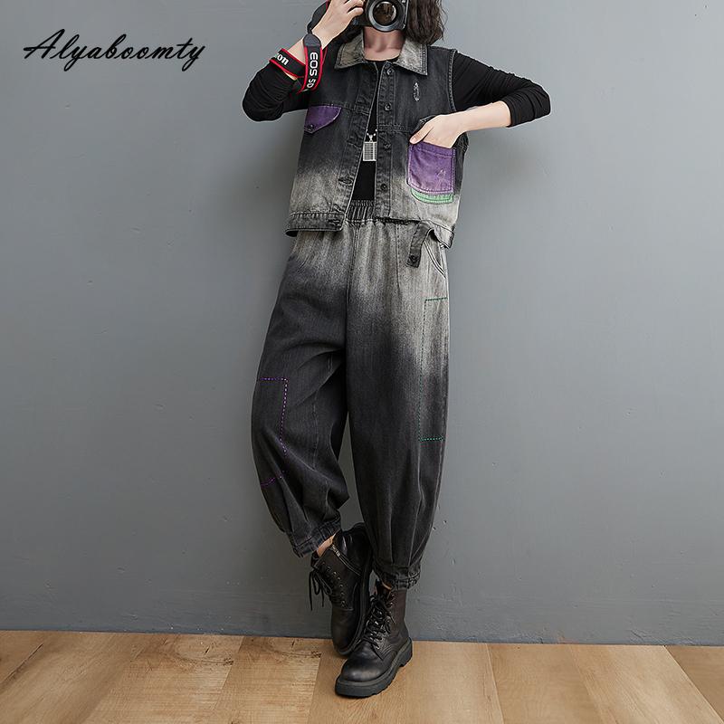 Korean Style Spring Summer Women Denim Vest Turn-Down Collar Contrast Color Stylish Vest Casual Loose Ripped Sleeveless Denim Jacket