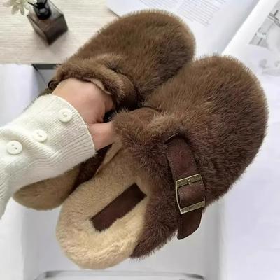 Pele Mulheres Flats Chinelos Sapatos Pelúcia Camurça Slingback Botas Mulher Inverno Nova Tendência 2025 Designer Aconchegante Casual Quente