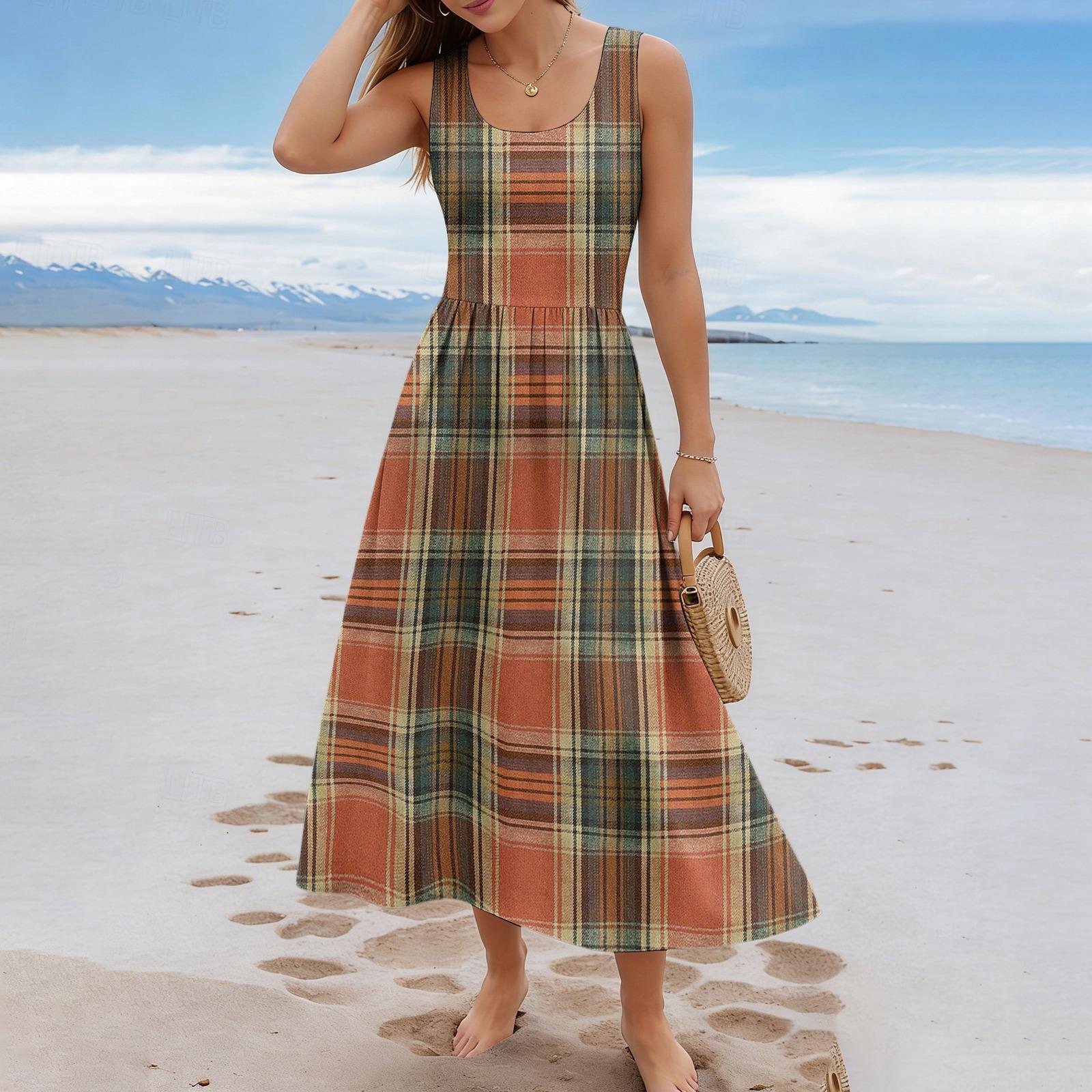 

Women Plaid Sleeveless Long Dress Casual Summer Loose Fit Round Neck Lightweight Checkered Maxi Sundress M коричневий