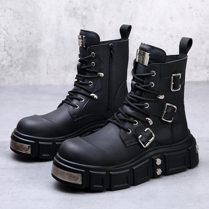 Fashion 2025 Retro Lace-up Men's Platform Boots Fashion Casual New Designer Motorcycle Boots Male Solid Color Cow Leather Punk Shoes Man