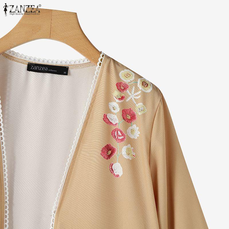 ZANZEA Damen Blumenmuster Locker Lässig Langarm Langer Cardigan Bluse