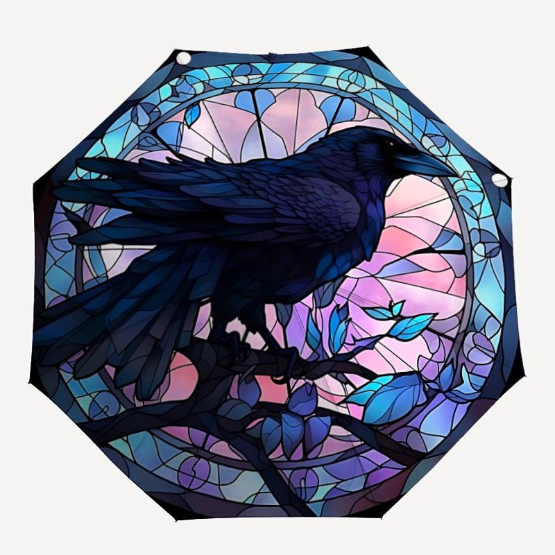 

1pc Stained Glass Raven Automatic Open/close Folding Umbrella, Compact Portable Travel Umbrella, Perfect Birthday/Christmas, Cute Umbrella,