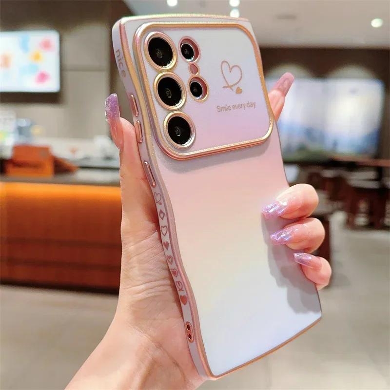 Colorful Love Heart Case For Samsung Galaxy S25 S24 S23 FE S22 Plus Ultra Shockproof Soft TPU Electroplated Wave Back Cover