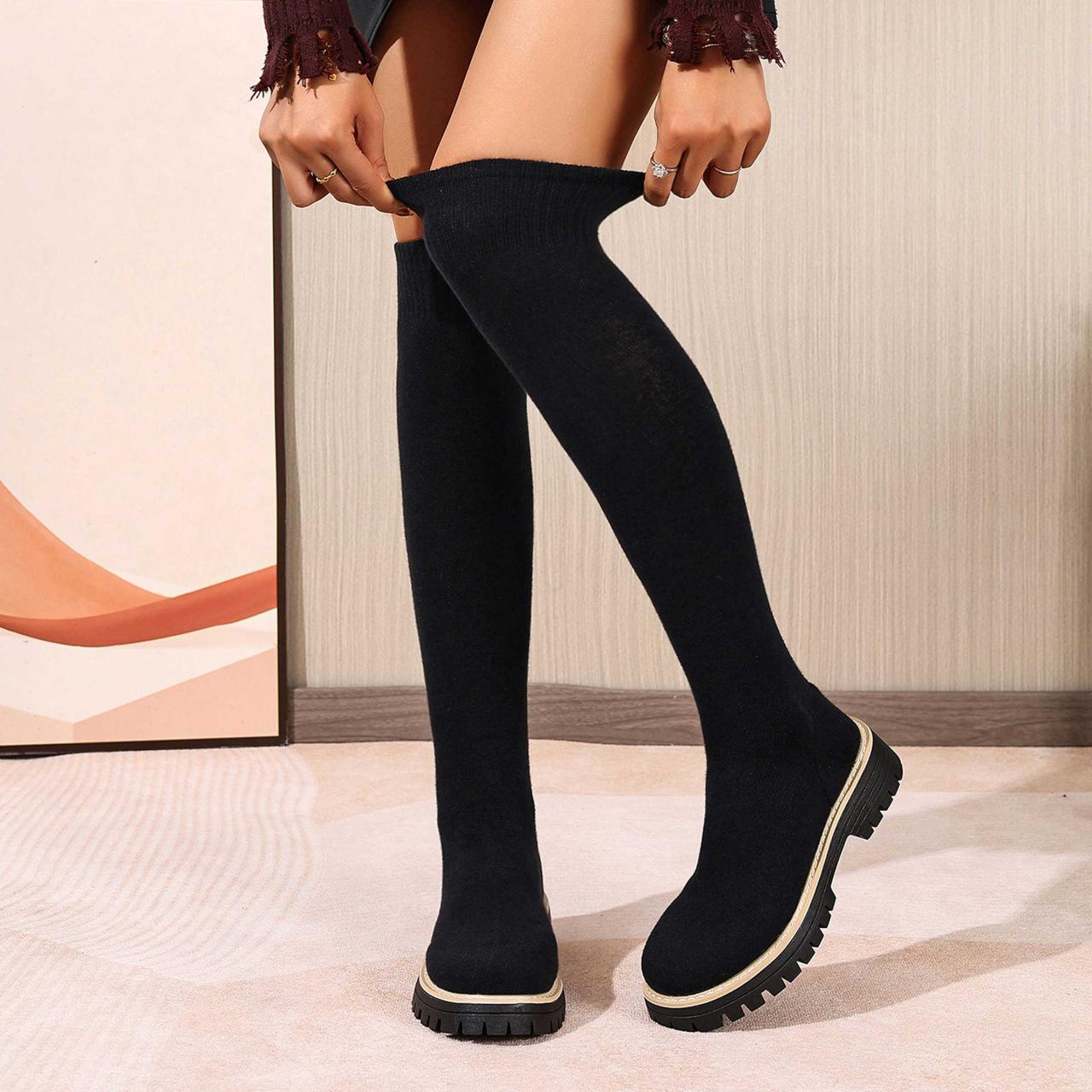 

European and American thin boots 2025 autumn and winter new thick heel round head foreign trade fashion boots women s large size elastic thin boots 43