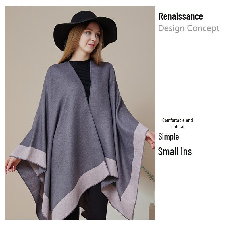 Women's European & American Double-Sided Solid Color Cape Shawl with Striped Edge
