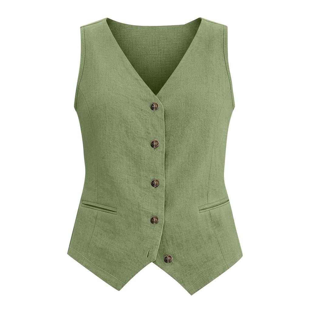 Women Sleeveless Linen Cotton Vest Top with Button Front V Neck Relaxed Fit Casual Summer Blouse Shirt with Pockets