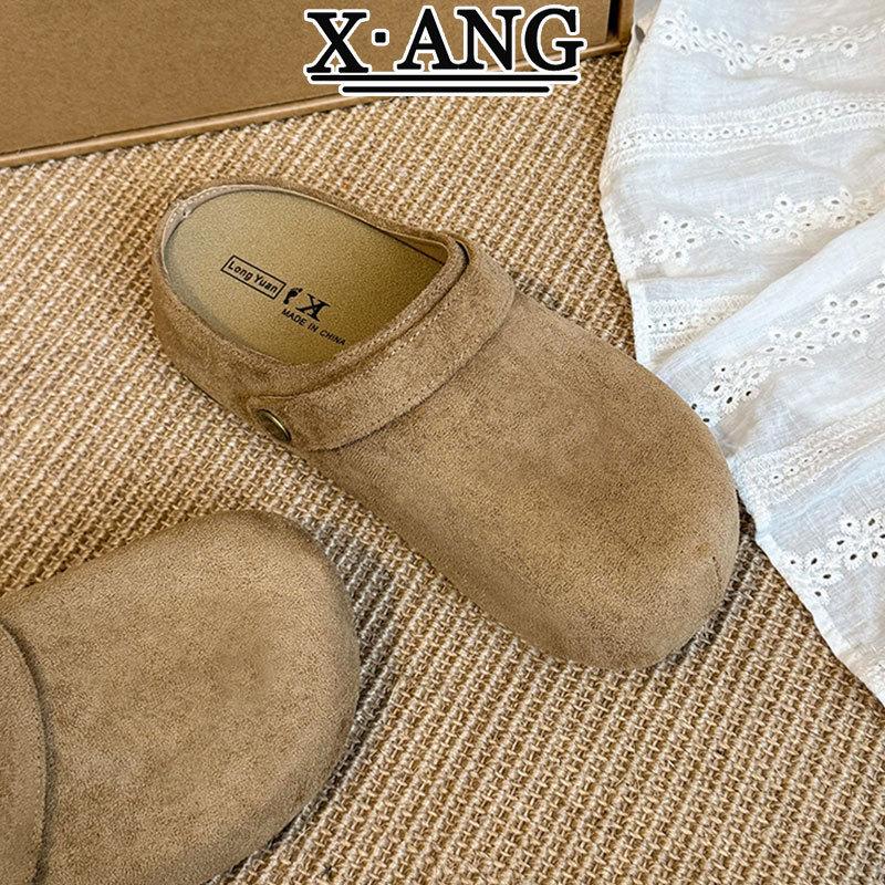 Cowhide Version Thick-soled Bag Head and Half Slippers for Women To Wear Autumn New One-pedal Lazy Single Shoes