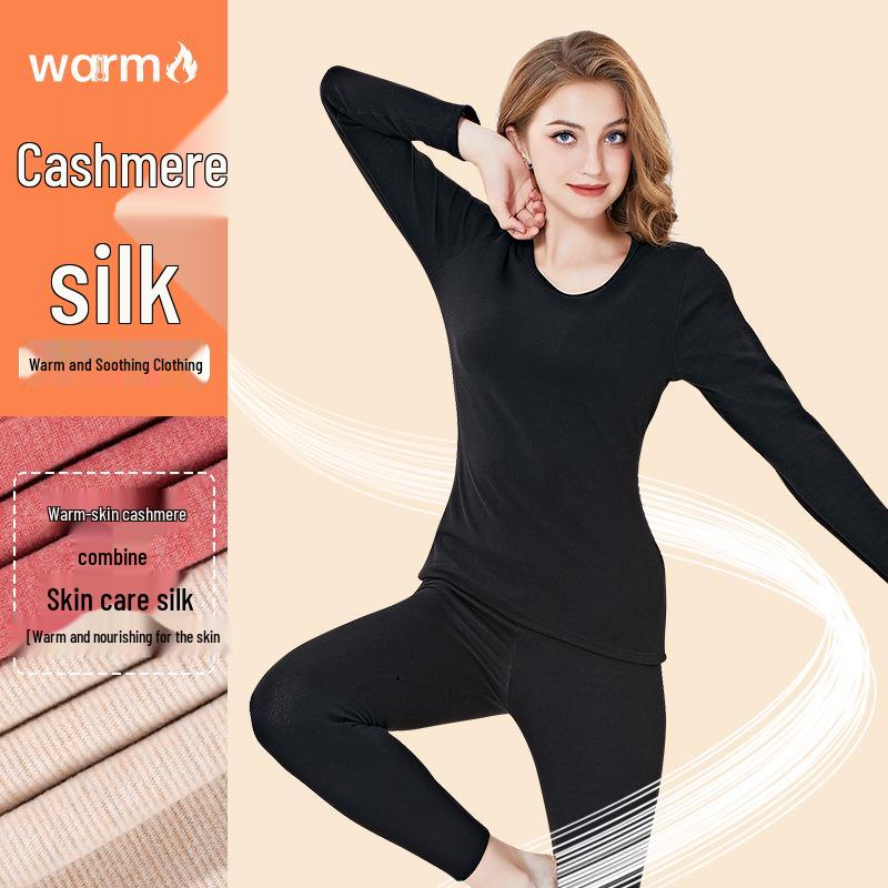 Women's Cashmere Silk Fleece Lined Warm Underwear Set for Autumn/Winter - Thickened for Middle-Aged and Elderly