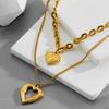 Stainless Steel Double Layer Heart Necklace for Women Gold Plated Textured Pendant Waterproof Romantic Accessory