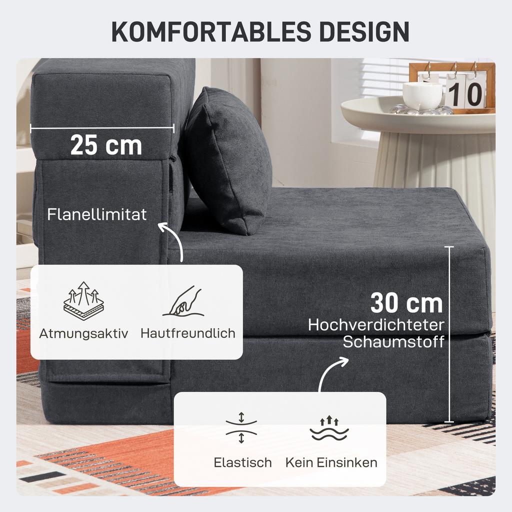 Floor Sofa, Upholstered Couch, Convertible Into Mattress, Foam, Cushion, Dark Grey