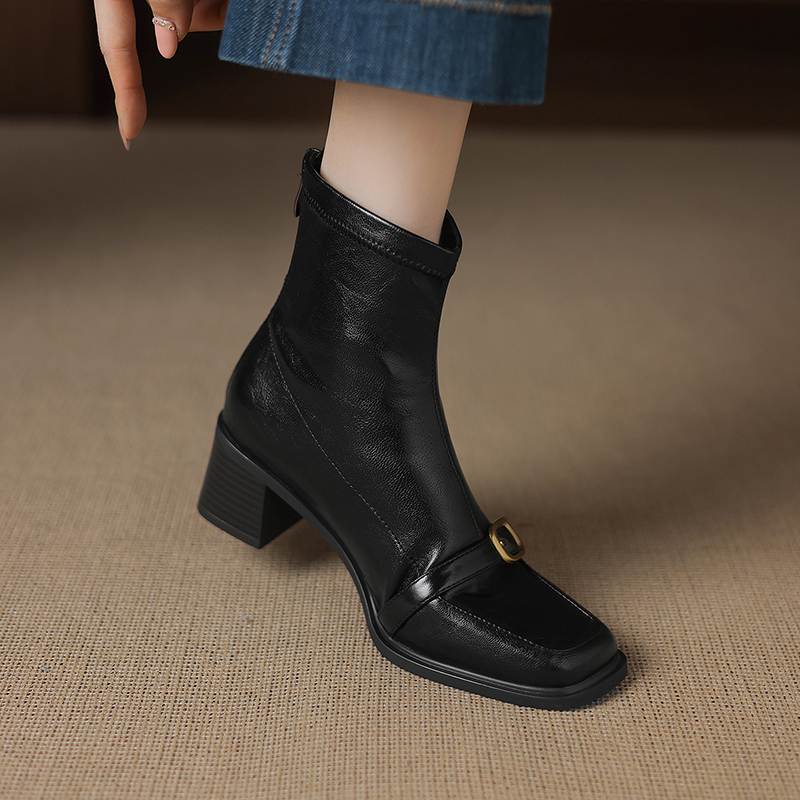 Krazing Pot Microfiber Square Toe Thick Heels Chelsea Boots Size 42 Zip Women Metal Buckle Elastic Ankle Boots