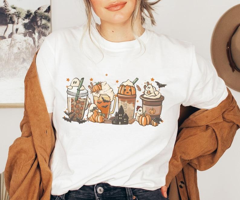 Boho Halloween TShirt Retro Goth Grunge T Shirt Fall Alternative Spooky Shirt Horror Movie Print Coffee Iced Theme Drinks