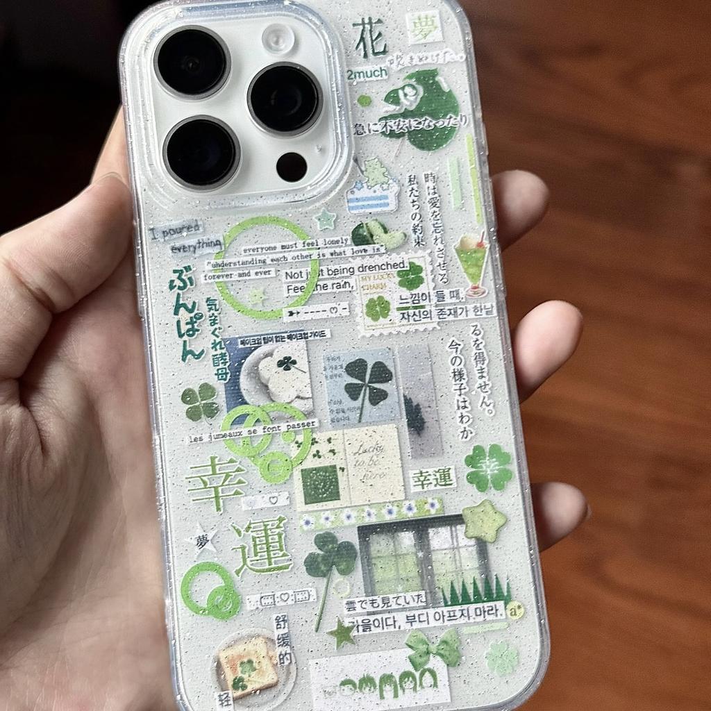 Lucky Green Clover Sticker Phone Case for iPhone 17 16 15 14 13 12 11 Pro Max Japanese Aesthetic Shockproof Soft Silicone Cover