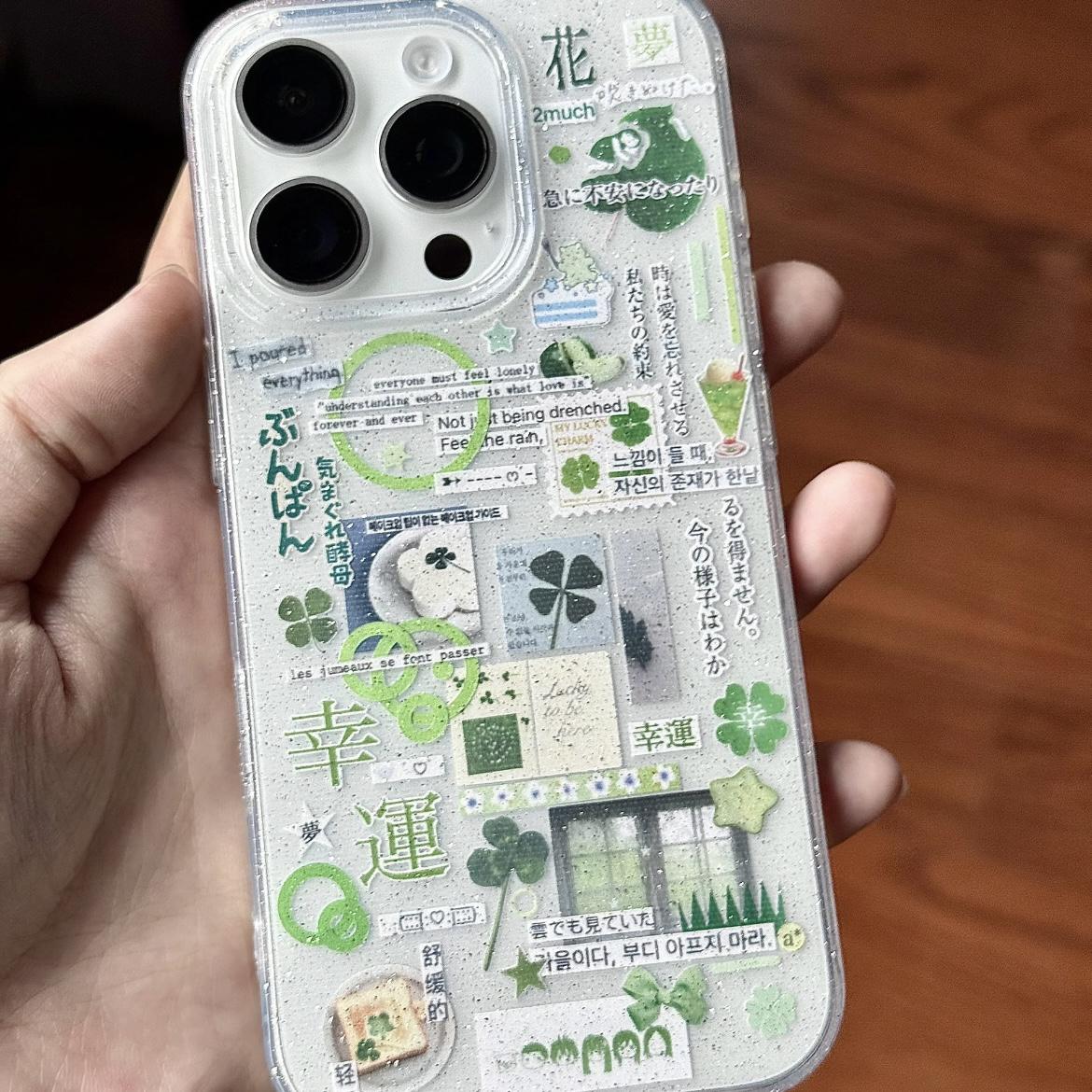 

Japanese Green Clover Cute Lucky Splicing Stickers Phone Case For iPhone 16 15 14 13 12 11 Pro Max XR XS 7 8 Plus MINI Y2K Cover For iPhone 16 Pro Max