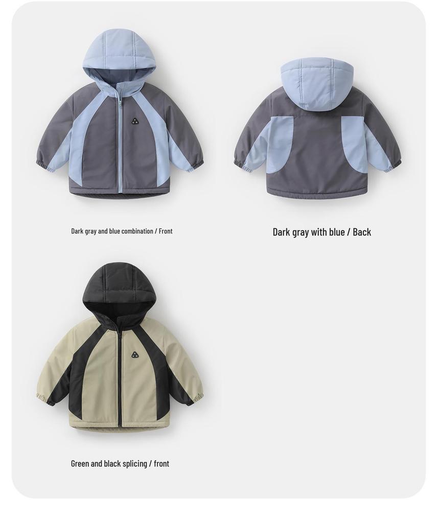 2025 New Boys' Color Block Waterproof Hooded Cotton Jacket with Fleece