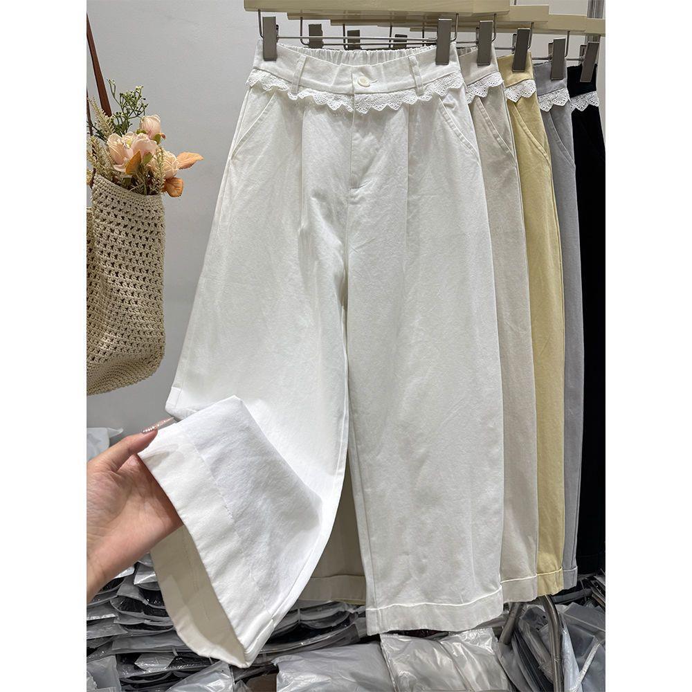 

Plus Size Women s Elastic High Waist Lace Trim Wide Leg Spring Casual Pants XL (Approx. 62.5-70 kg) белый
