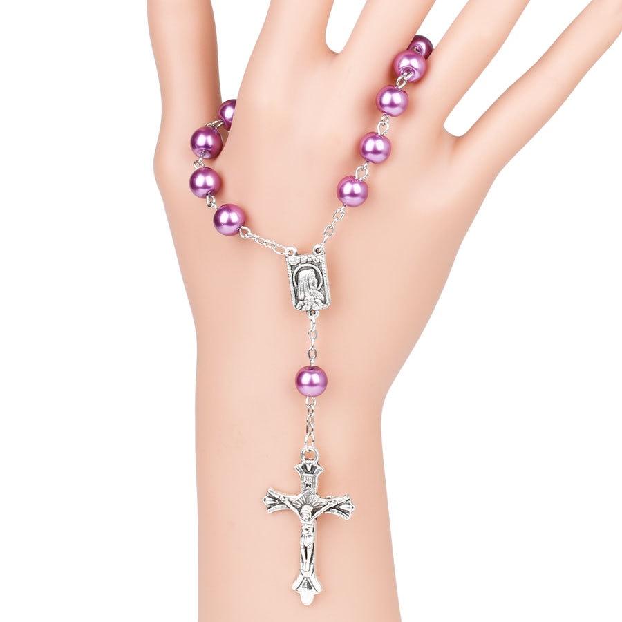 Purple Glass Pearl Rosary Bracelet With Cross Pendant Religious Jewelry