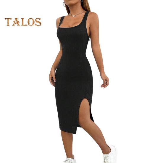 

Летнее женское платье с квадратным вырезом без рукавов, обтягивающее эластичное платье-футляр с боковым разрезом, однотонное OL, дышащее клубное вечернее платье миди XL чёрный