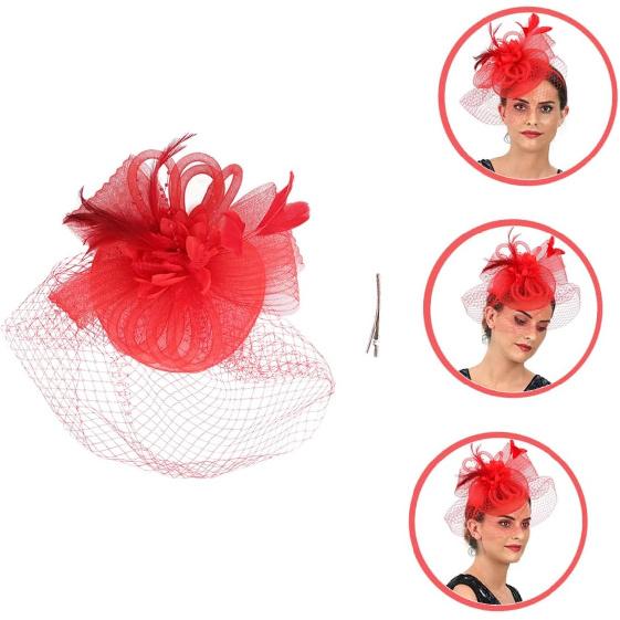 Mesh Flower Fascinator Hat Headband with Clip for Women Wedding Tea Party Cocktail Headpiece Red Mesh Plume Floral Special Occasion Accessory