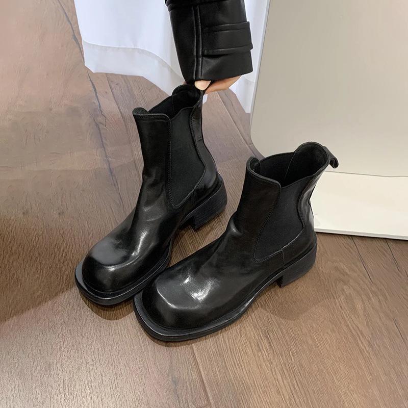 Cowhide Version~ Leather Retro Slim Chelsea Boots British Martin Boots Women's Short Boots Thick Heel Big Head Cigarette Boots