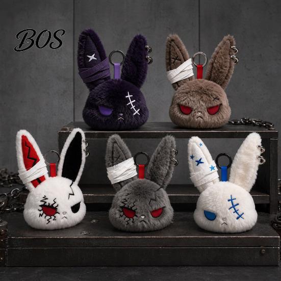 Stress Relief Plush Doll with Metal Hanging Loop, Dark Style Rabbit Pendant Bandage Stitched Keychain Toy, Funny Expression Doll, Collectible Toy Loop