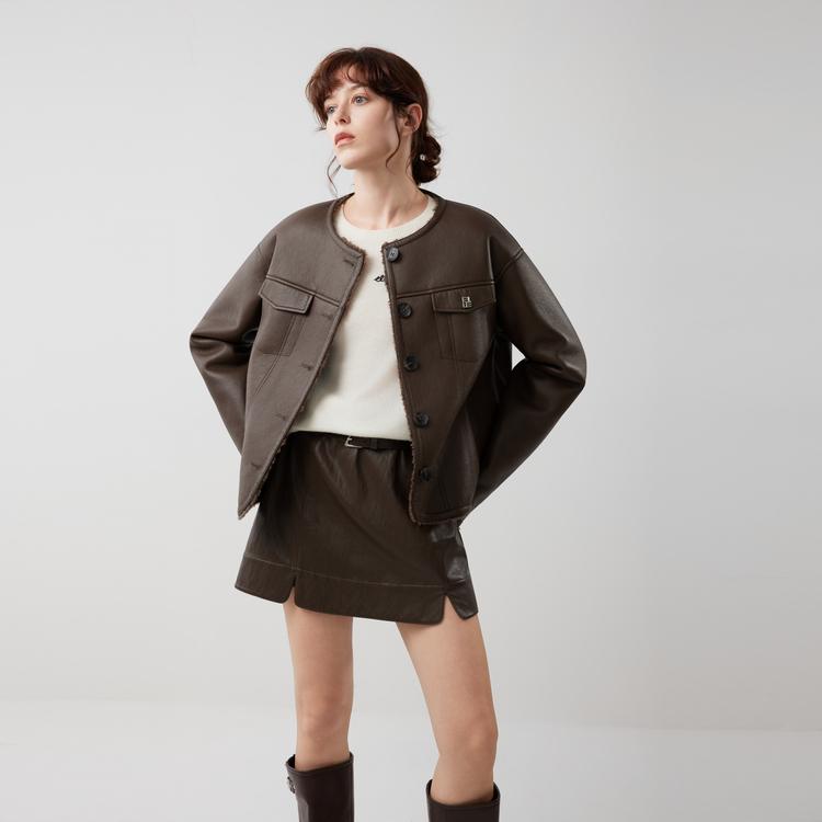 ELLE French Vintage Style Shearling Fashion Design Casual Loose Plush Leather Jacket Women jackets EF52678