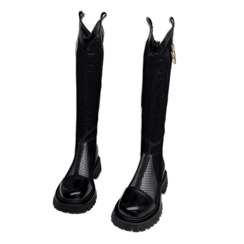Leather Hollow Boots Women's Knee 2025 New Spring and Summer Breathable Mesh High Boots Thick-soled Thin Boots