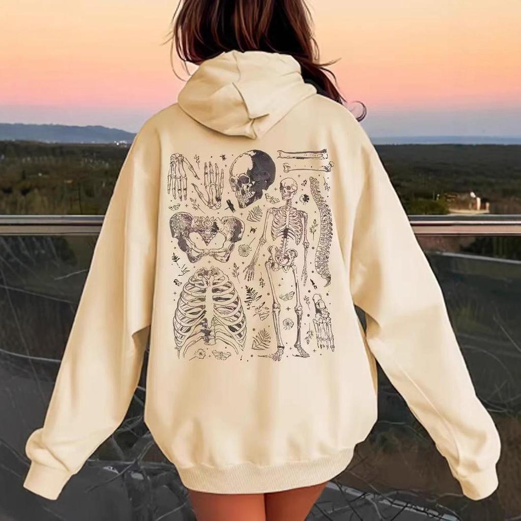 Women's Fleece-Lined Skull Print Hoodie with Kangaroo Pocket