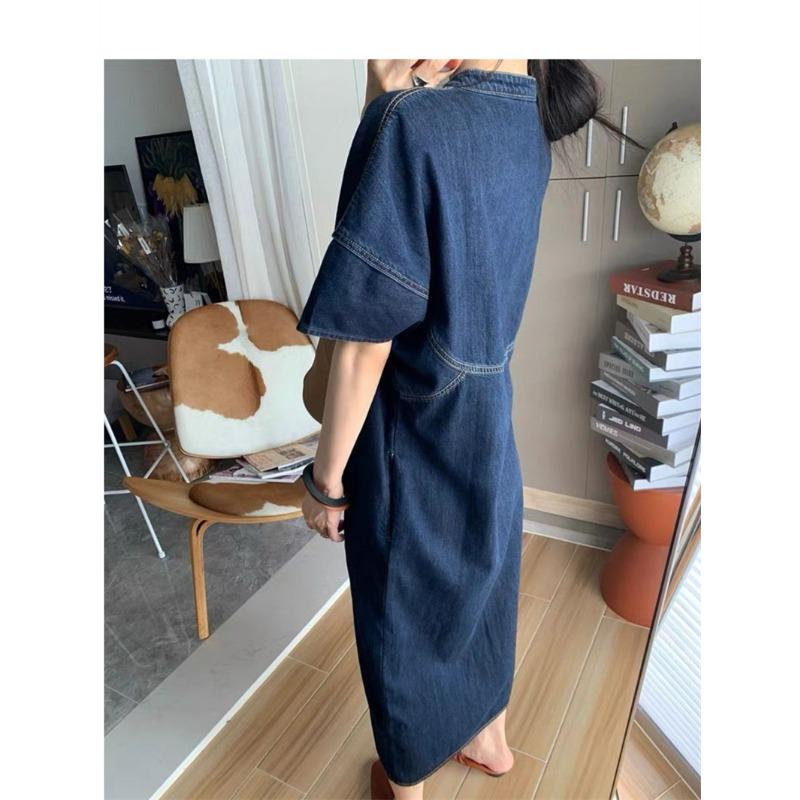 Vintage Hong Kong Style Denim Dress for Women Summer Thin Fabric High End Sense Loose Casual Straight Long Dress