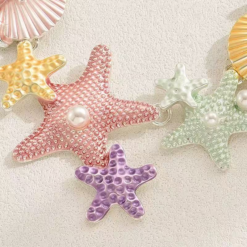 Ocean Necklace Colorful Starfish Seashell Multi Charm Silver Color Jewelry Mermaid Style Summer Beach Vacation Necklace Gift