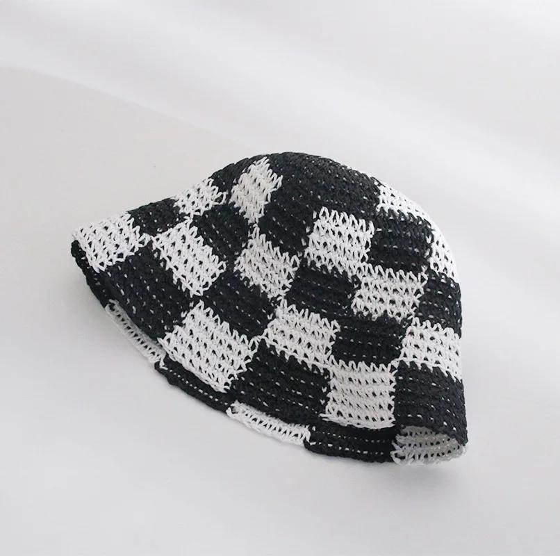 Japan Korea Crochet Beach Straw Hat Women Summer Flowers Grid Pure Hand-woven Hat Sunshade Fisherman Breathable Bucket Gorras
