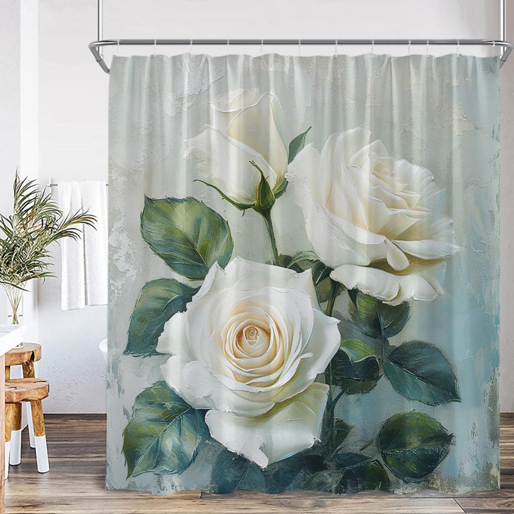 Vintage Floral Shower Curtain Colorful Flower Blossom Plant Green Leaf Dark Bathroom Decoration Polyester Bath Curtain with Hook