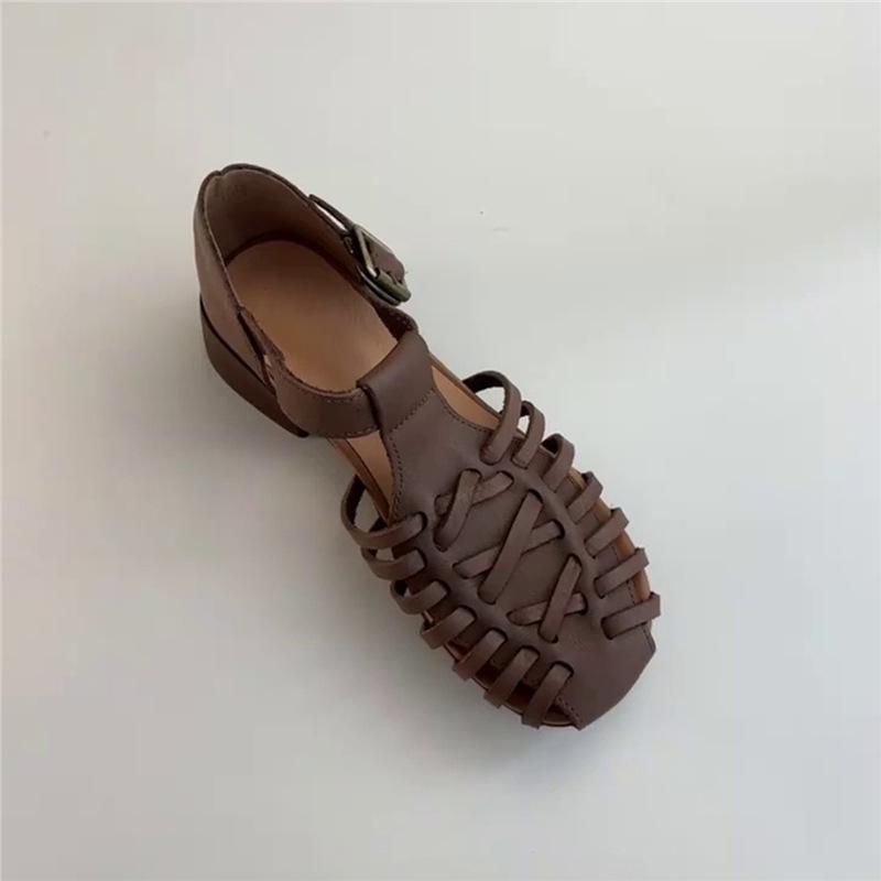 

Sheepskin version~ niche retro woven open-toed outer wear summer Roman sandals women s leather thick heel with sandals 35